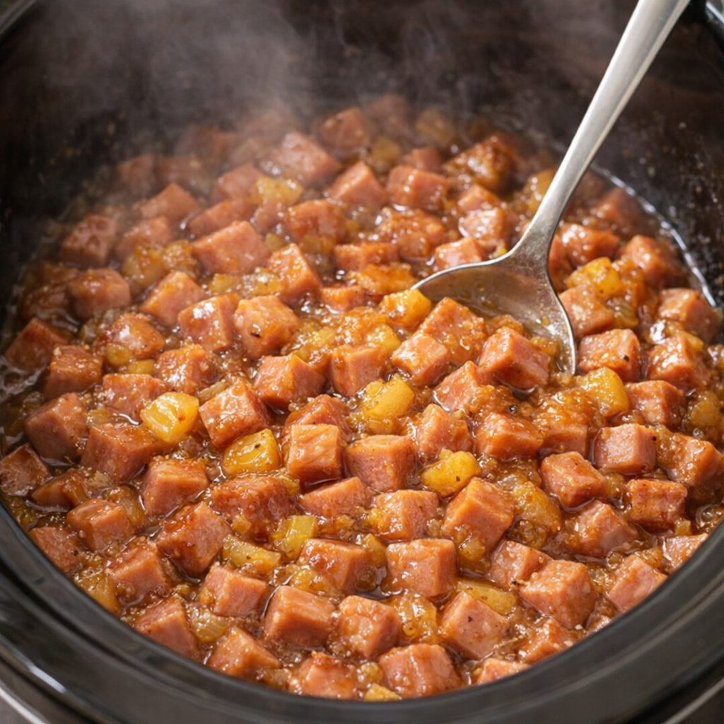 Cooked ham in slow cooker with glossy sweet savory glaze