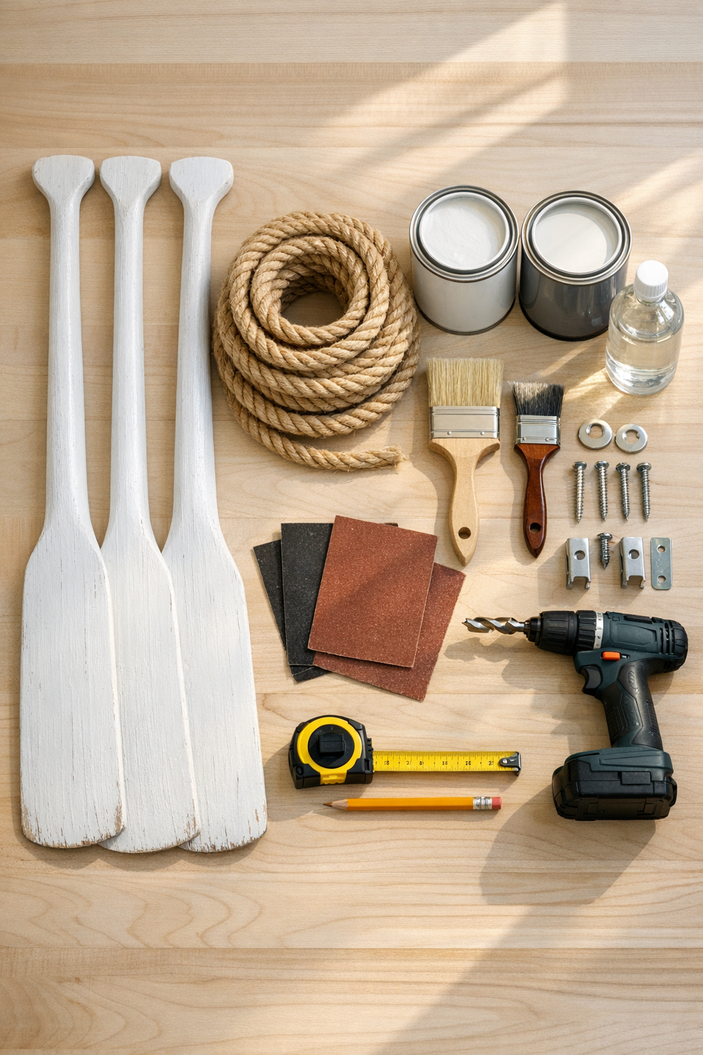 Materials for a wooden oar and sisal rope outdoor towel rack