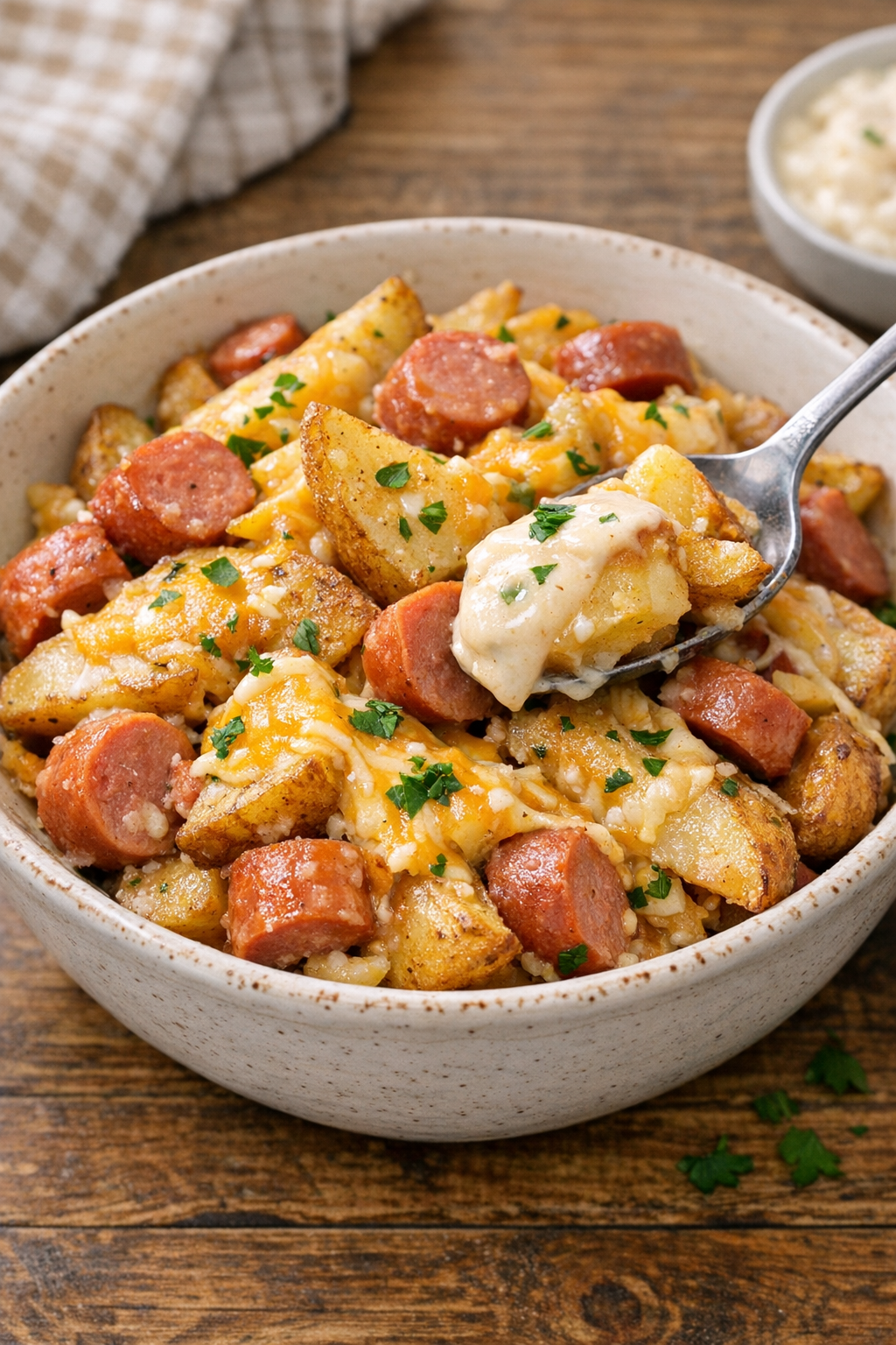 Finished slow cooker hot dog potato casserole plated in a rustic setting