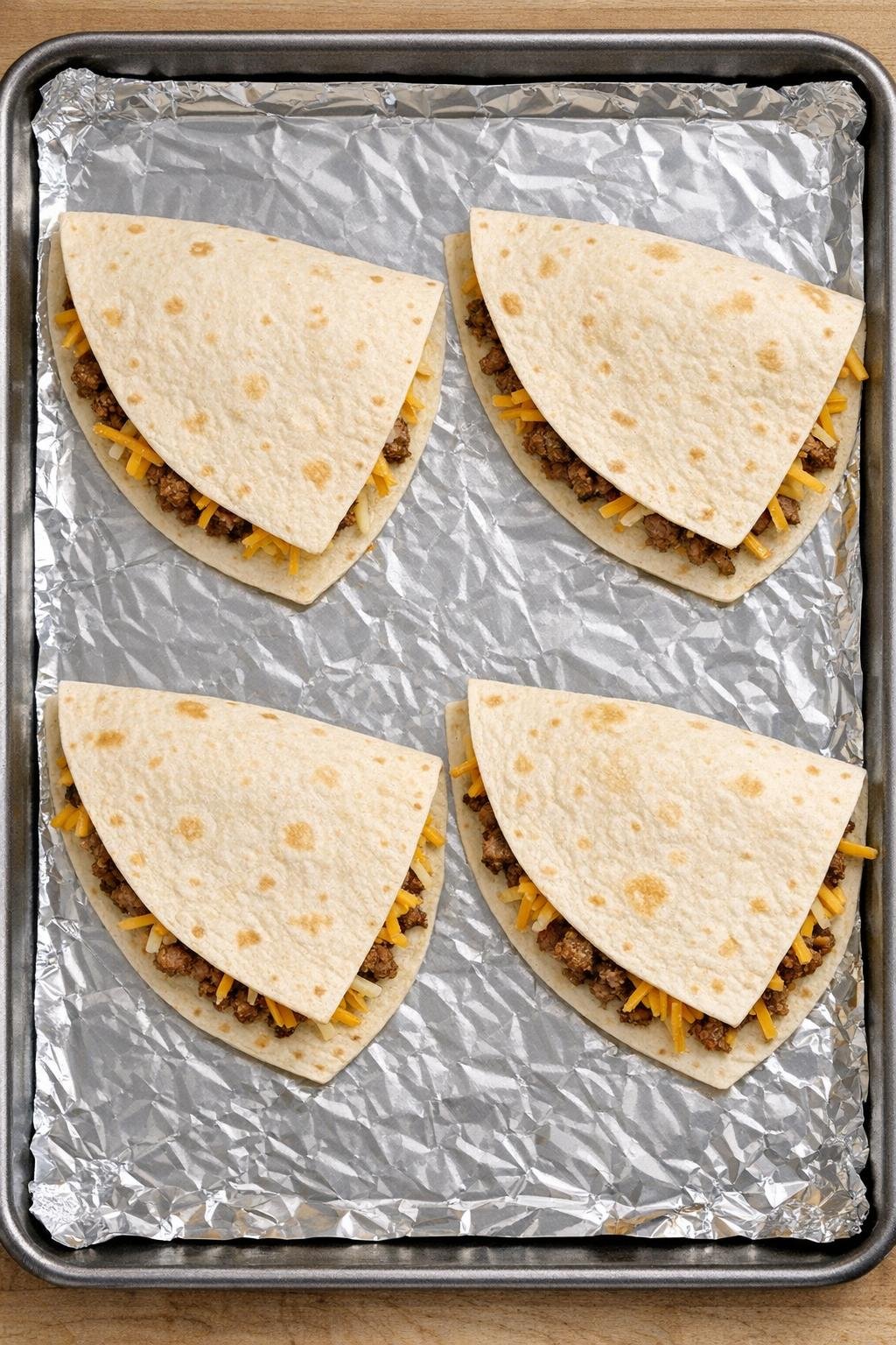 Assembled quesadillas on a foil-lined baking sheet