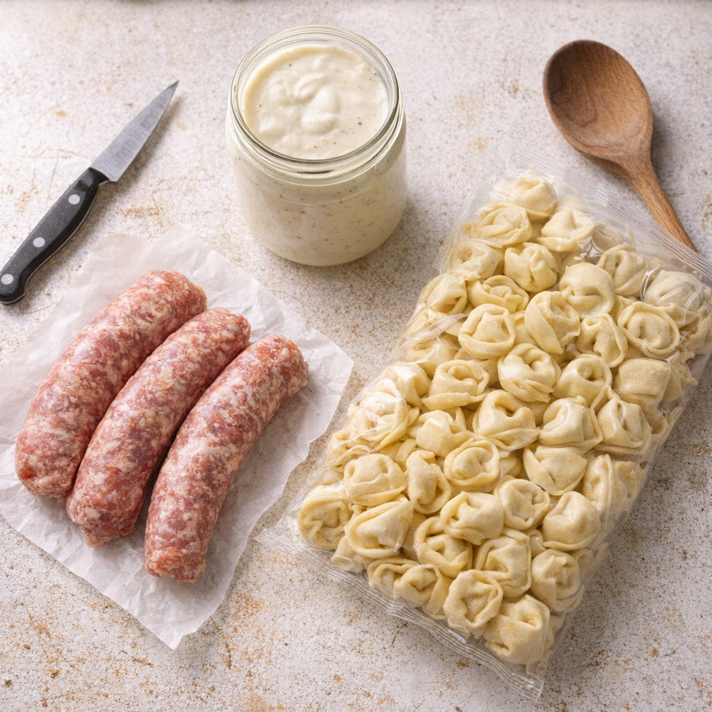 Tre enkla ingredienser för korvtortellini som bakas på en lantlig bänk