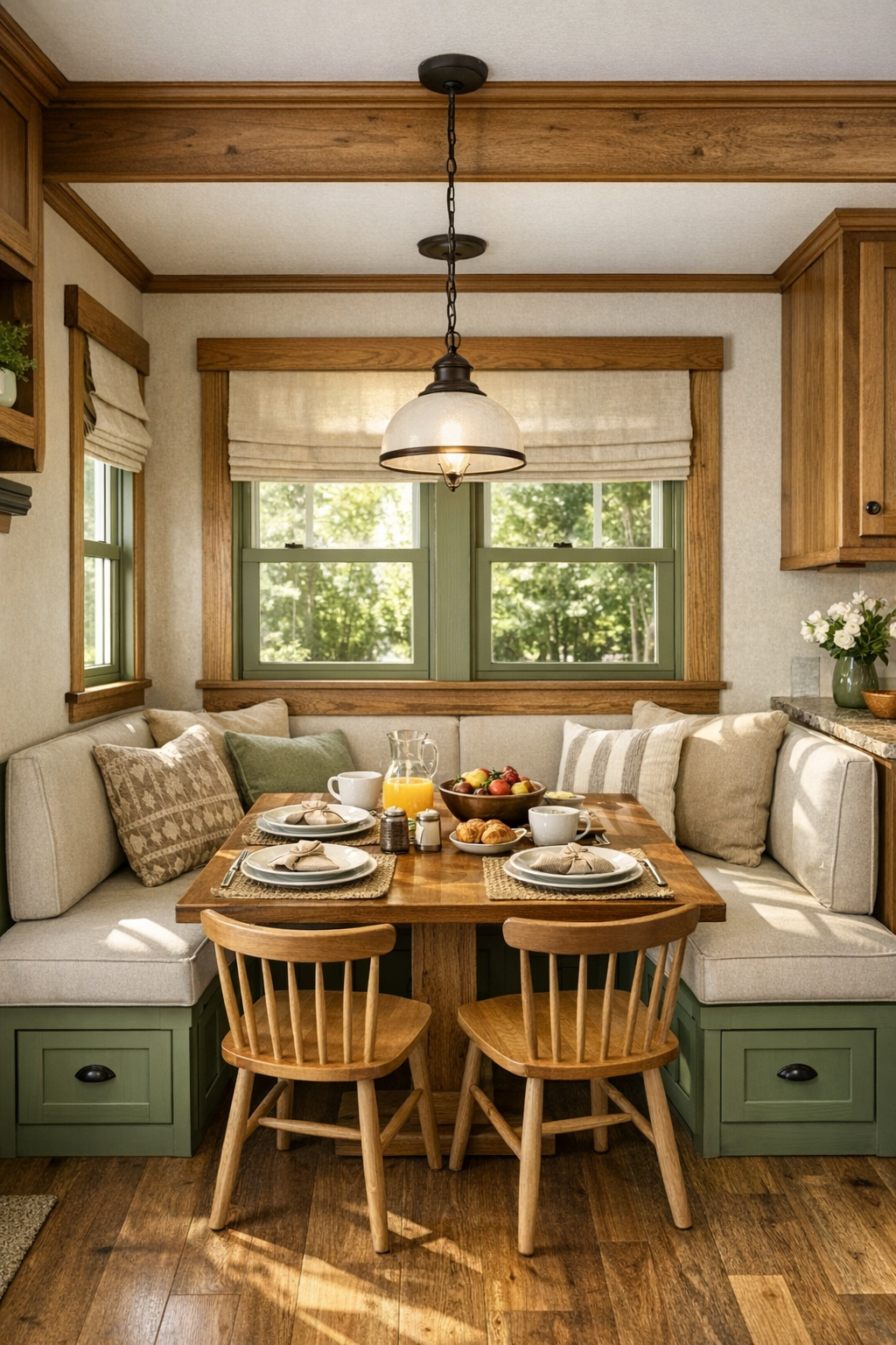 Bright dining nook with built-in banquette and wood table in a craftsman RV