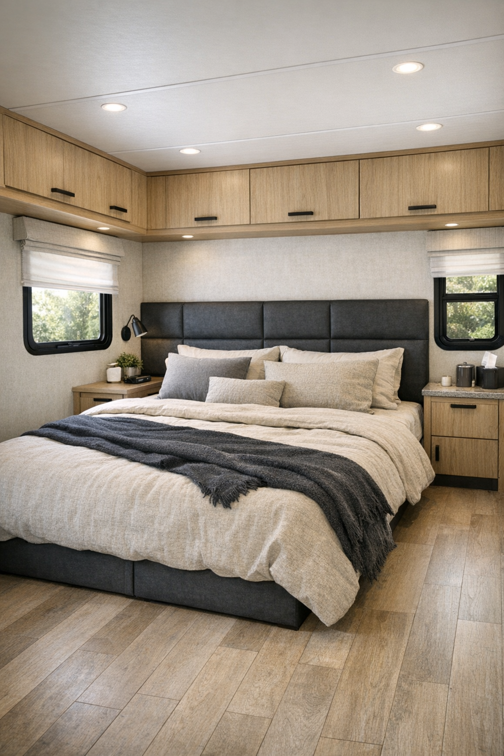 Quiet RV camper bedroom with low platform bed and light oak storage