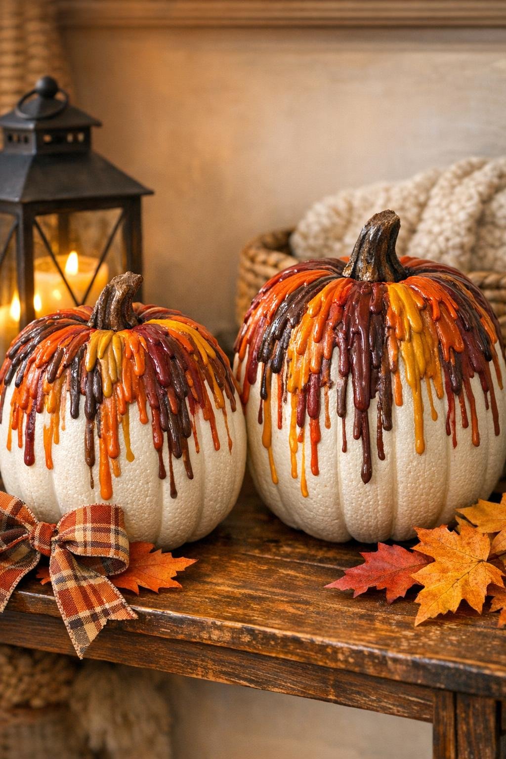 Finished crayon drip pumpkins styled for fall decor