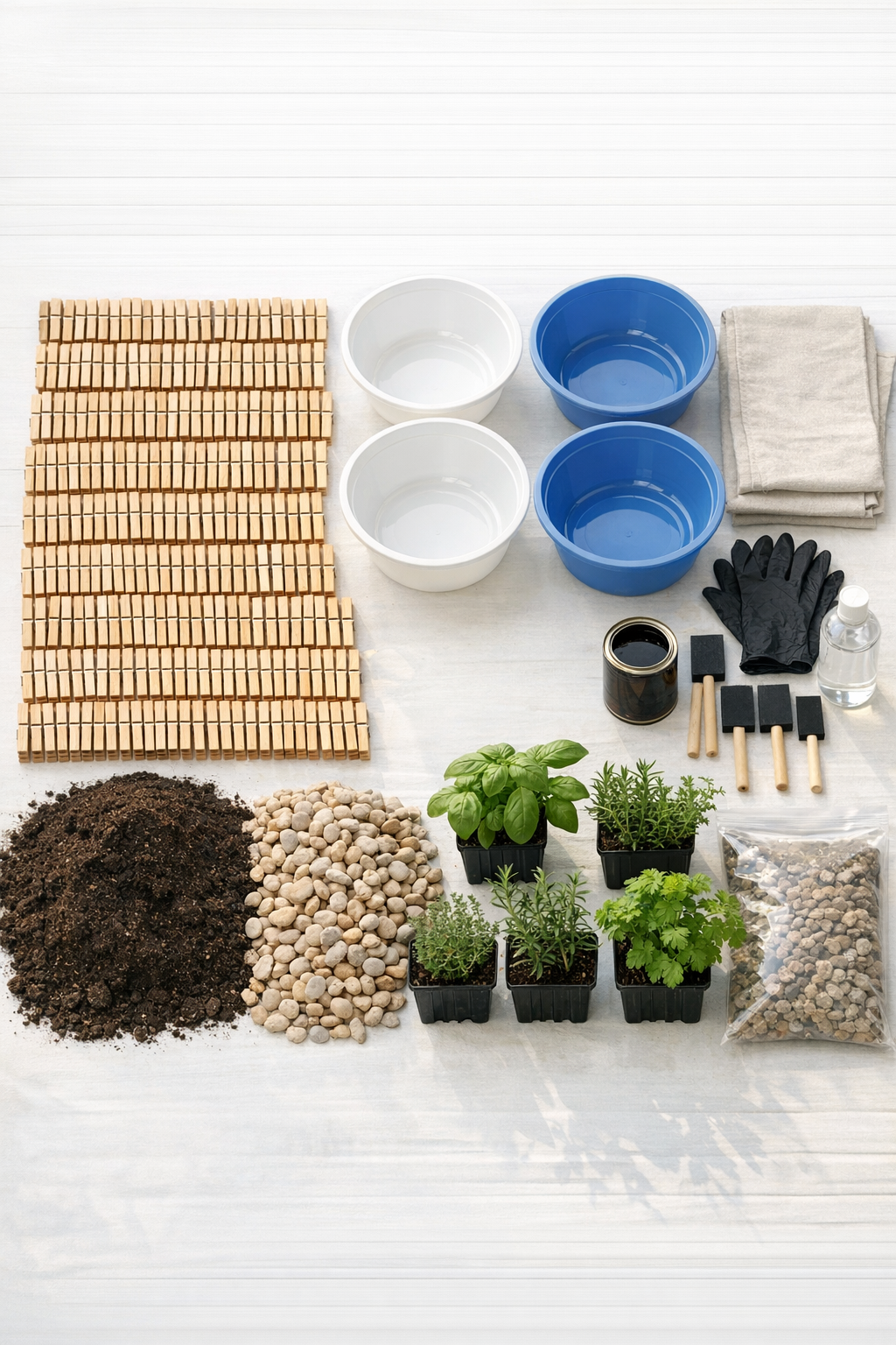 Stained clothespins, plastic mixing bowls, herb plants, and supplies laid out for the project