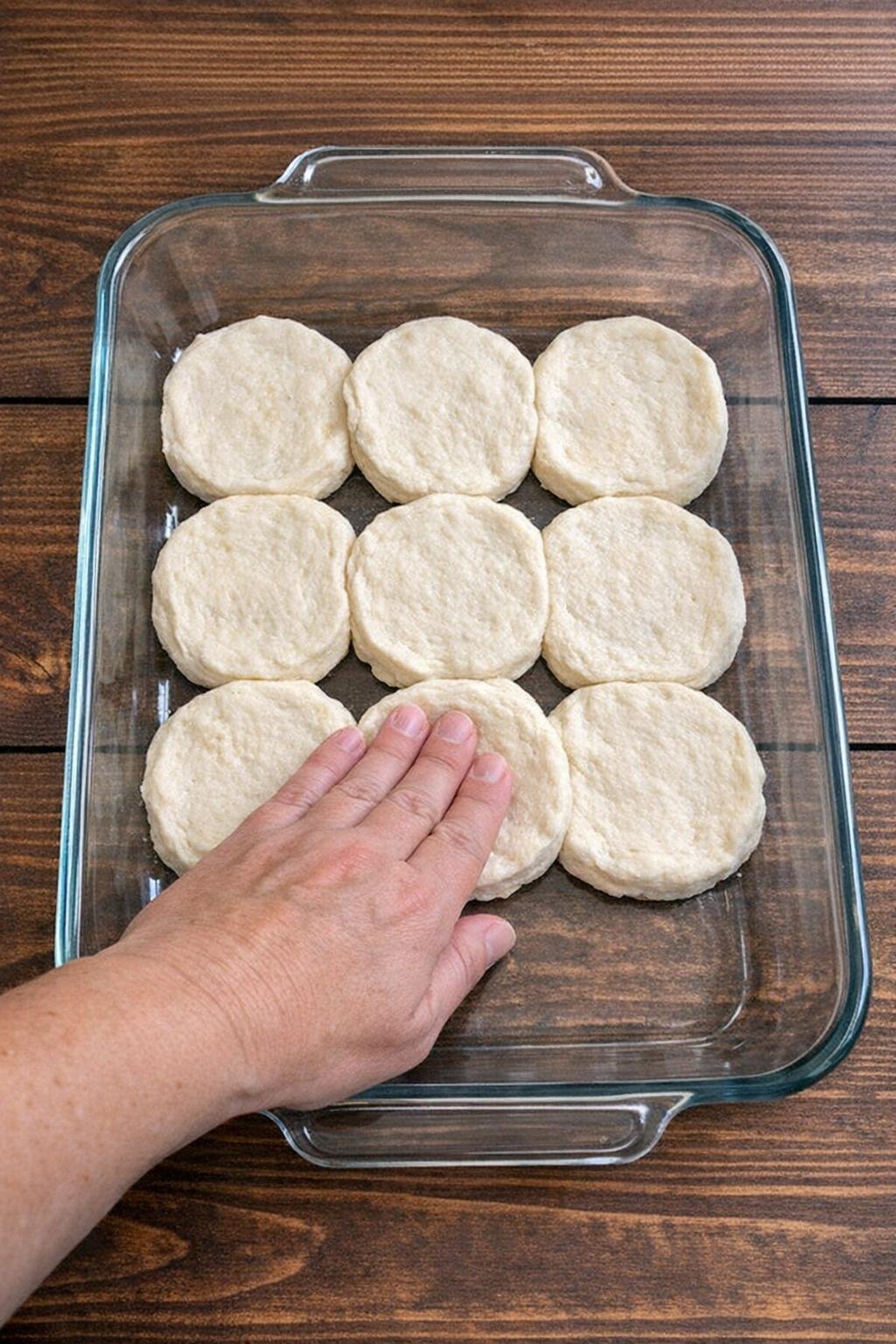 Raw biscuit dough pressed into a baking dish