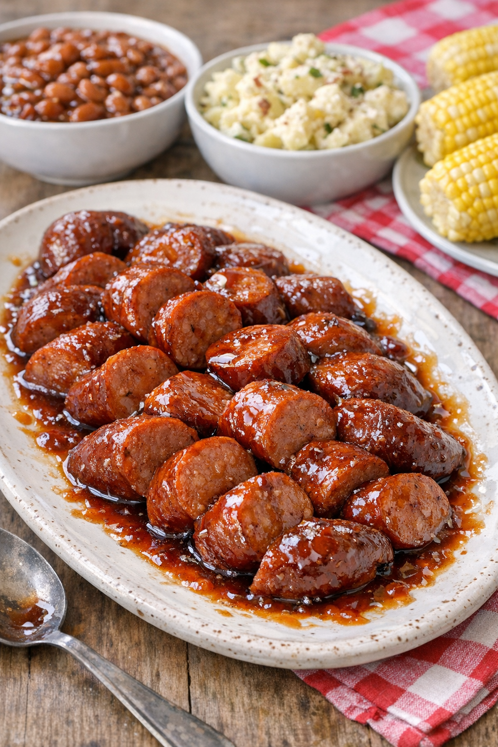 Finished smoked sausage with glossy sauce on a serving platter