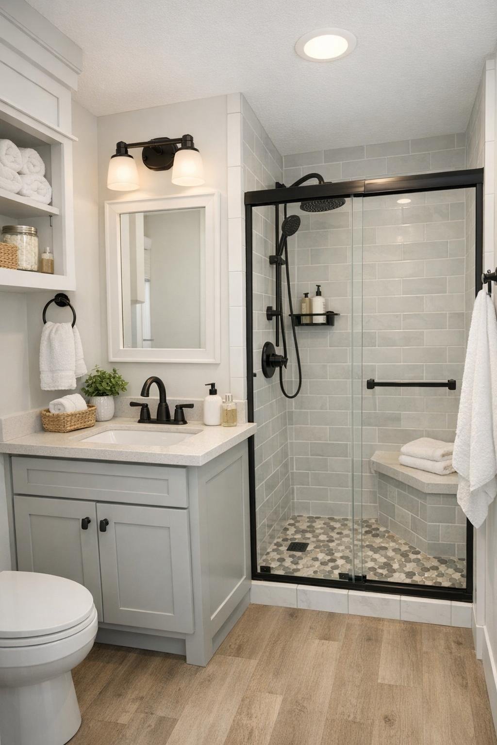 Bright compact bathroom with a shaker vanity, tiled shower, and black fixtures