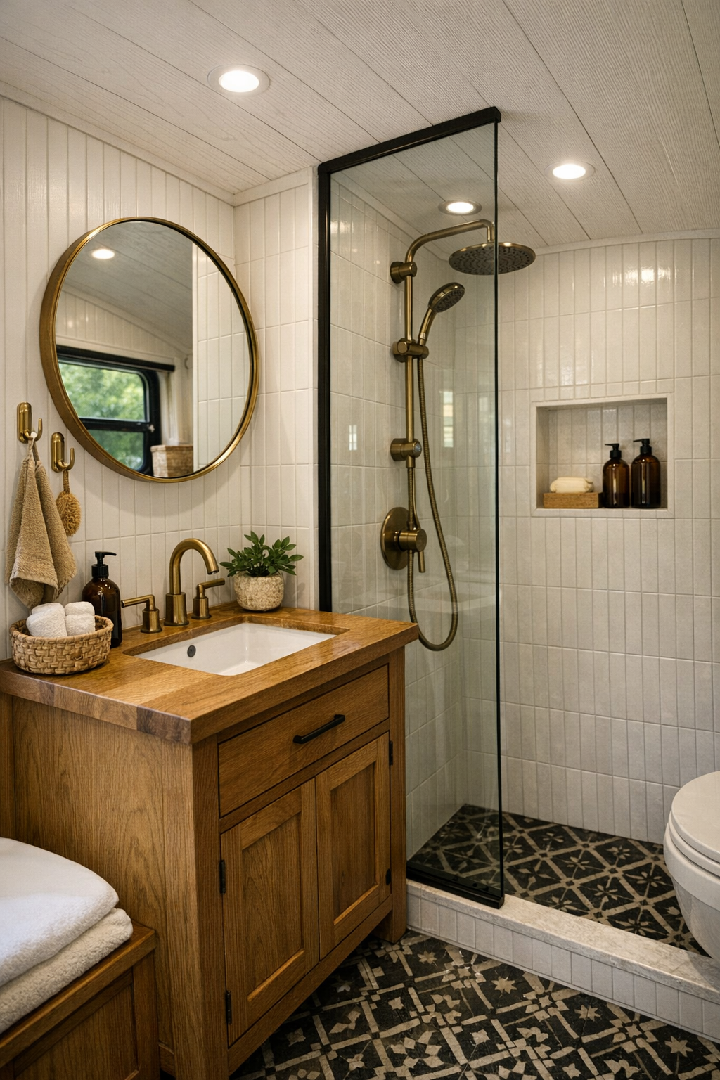 Compact bus bathroom with oak vanity and tiled shower