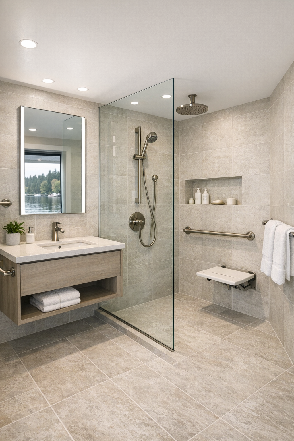Elegant accessible houseboat bathroom with curbless shower, pale stone tile, and floating vanity