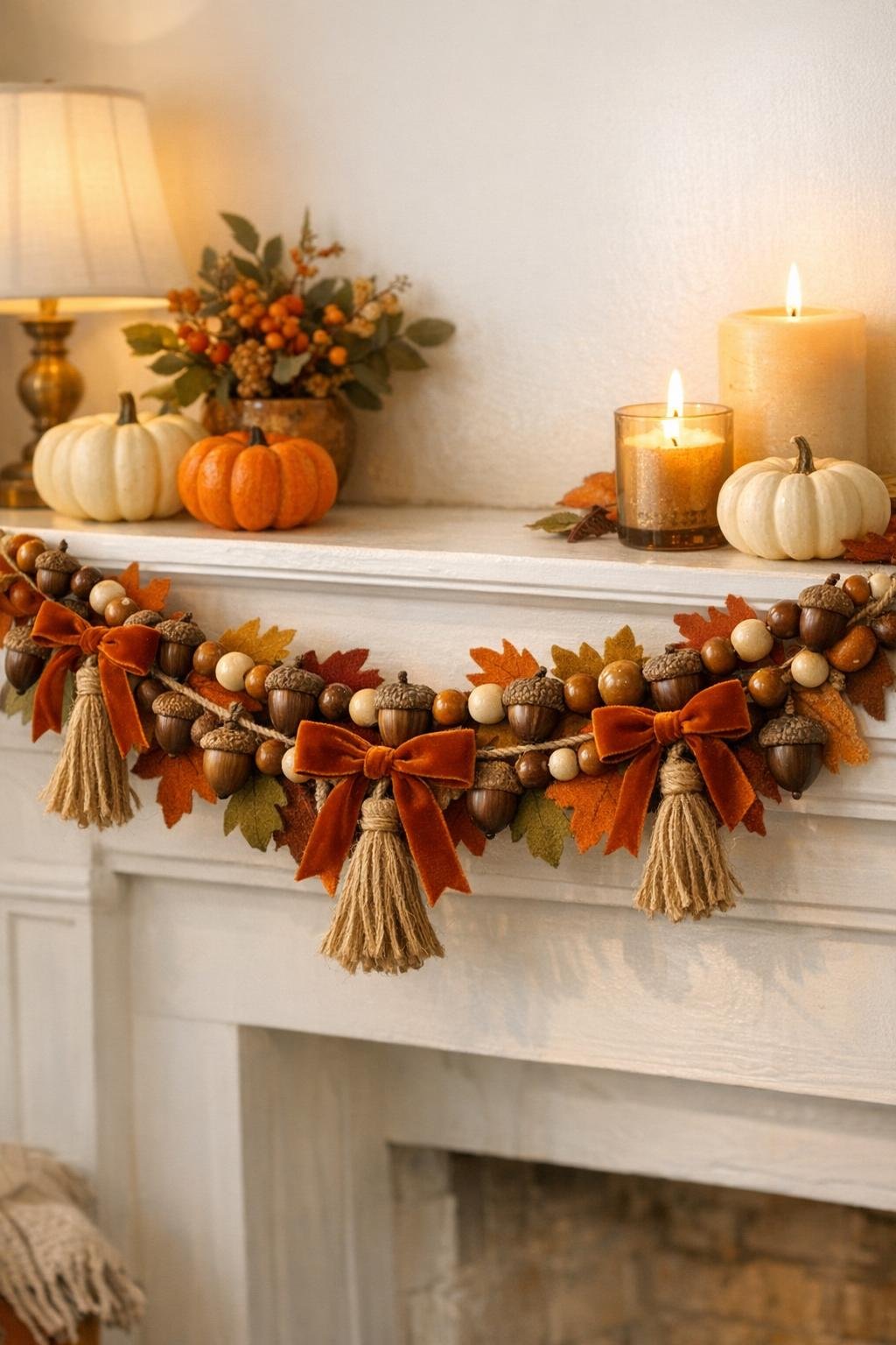 Finished autumn garland made from gathered acorns displayed on a mantel