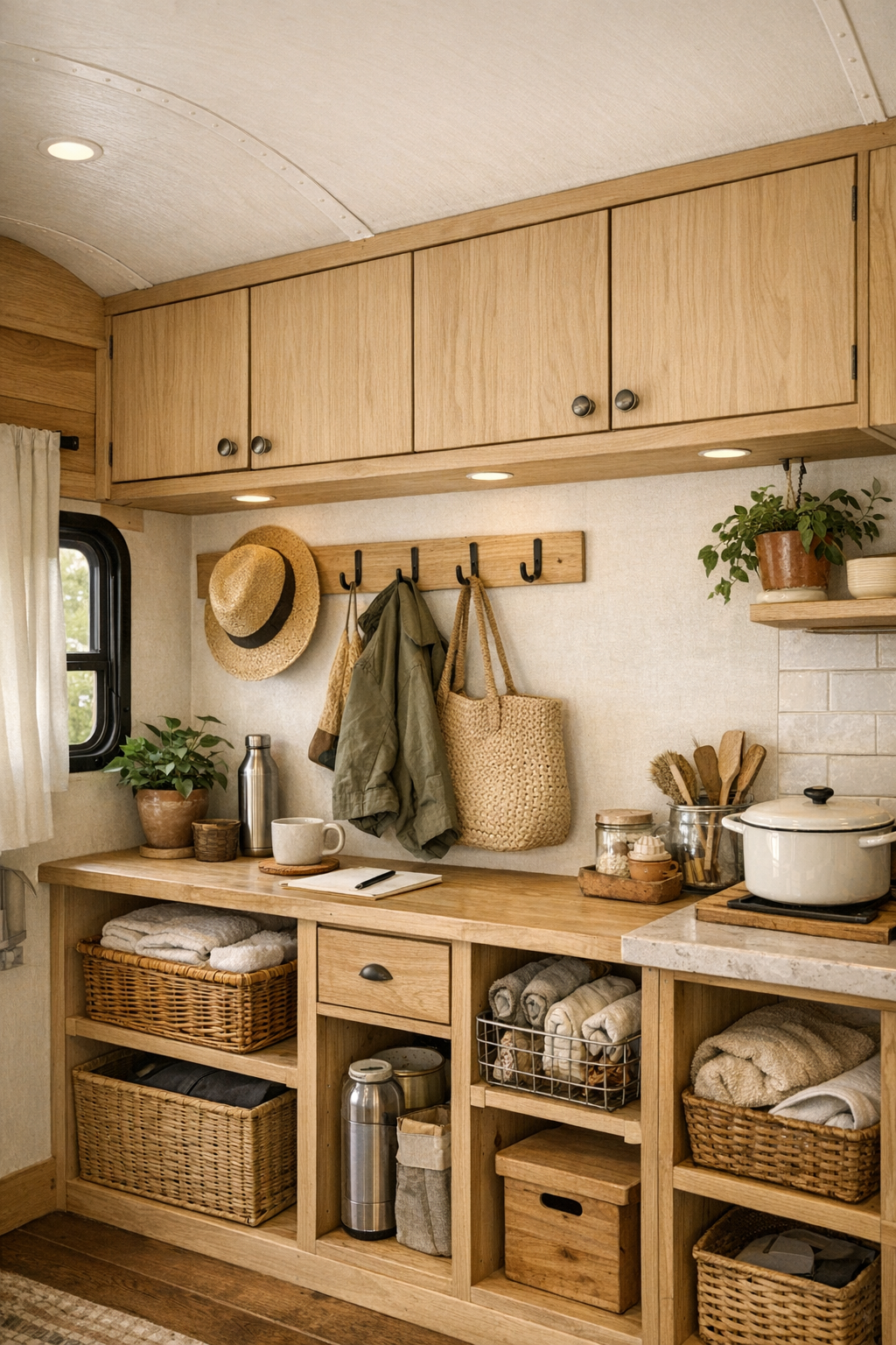 Built-in storage and utility corner inside the converted bus