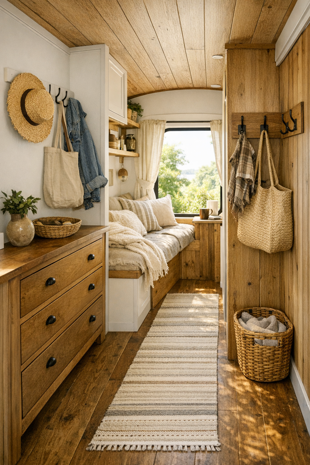 Thoughtful bus transition space with built-in storage, hooks, and a cozy reading nook