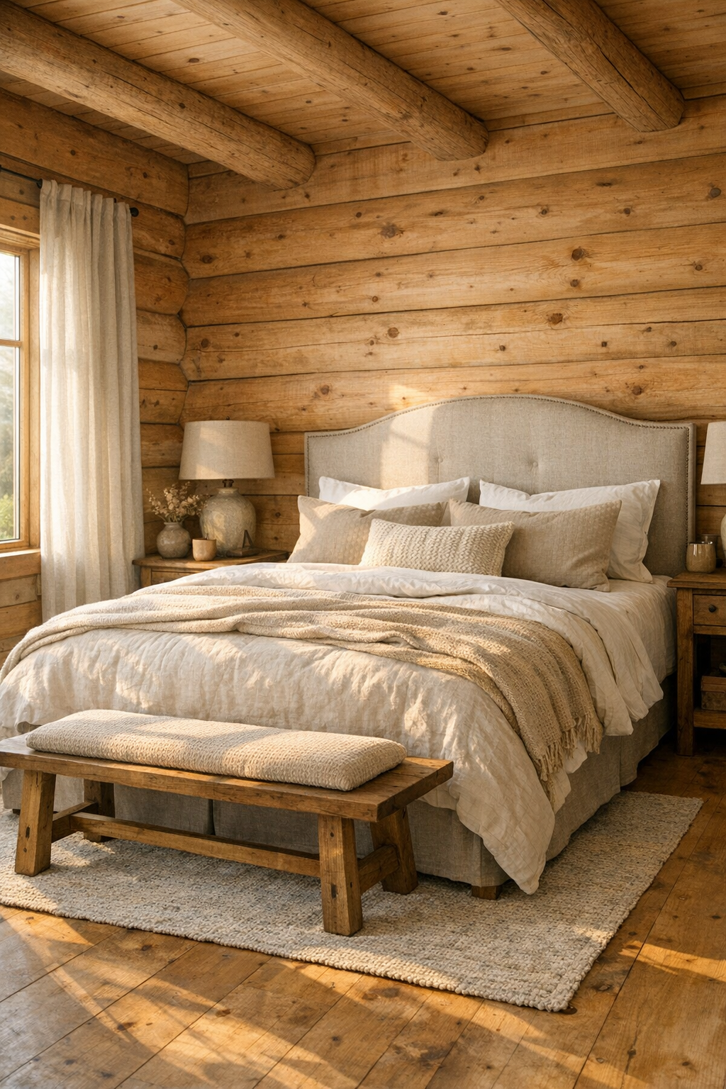 Serene log home bedroom with layered neutral bedding and soft morning light