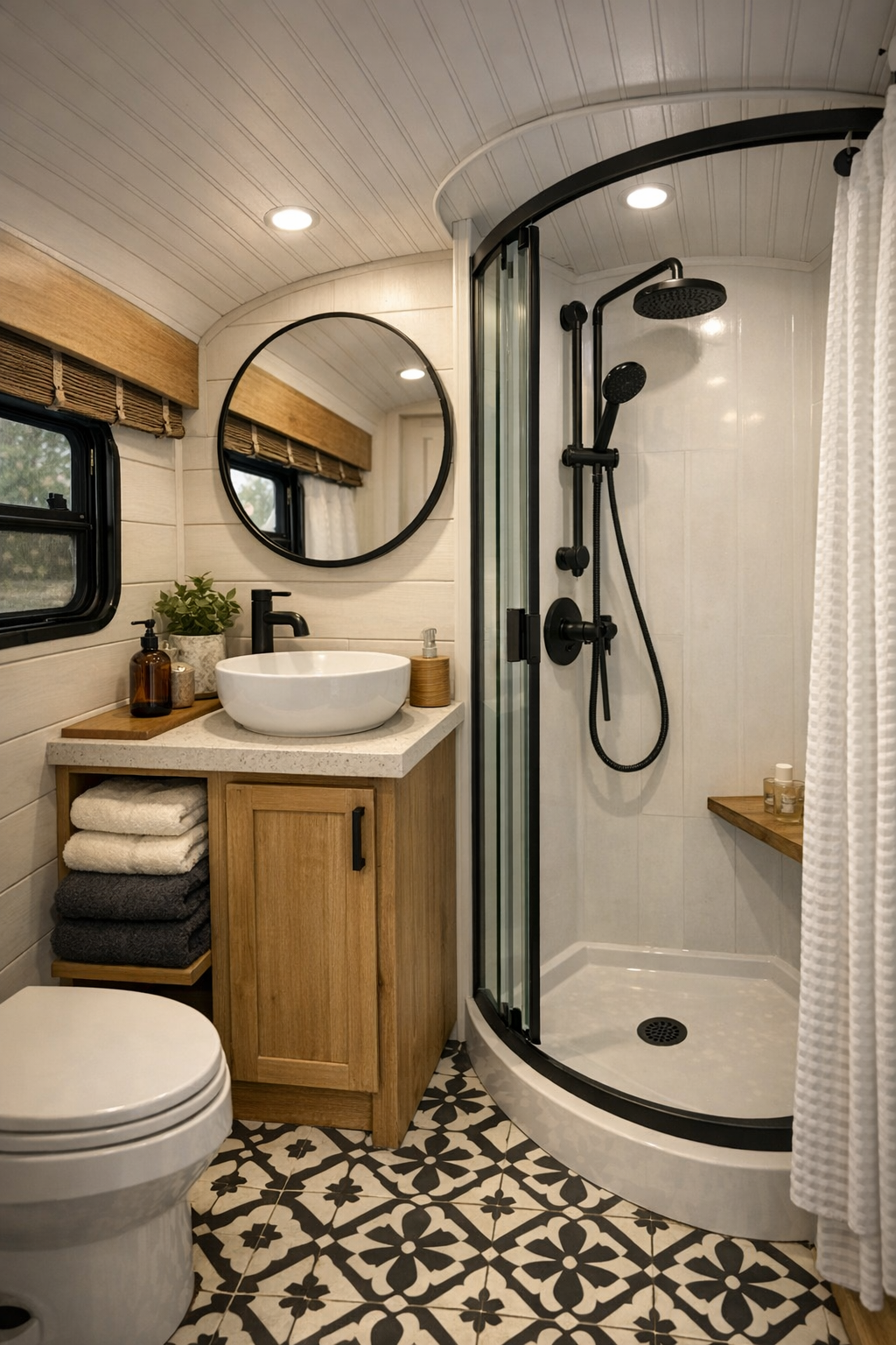 Compact bus bathroom with wood vanity and light tile finishes
