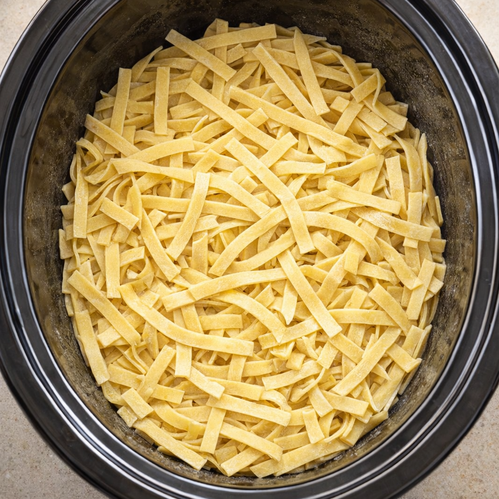 Dry fettuccine arranged in a slow cooker