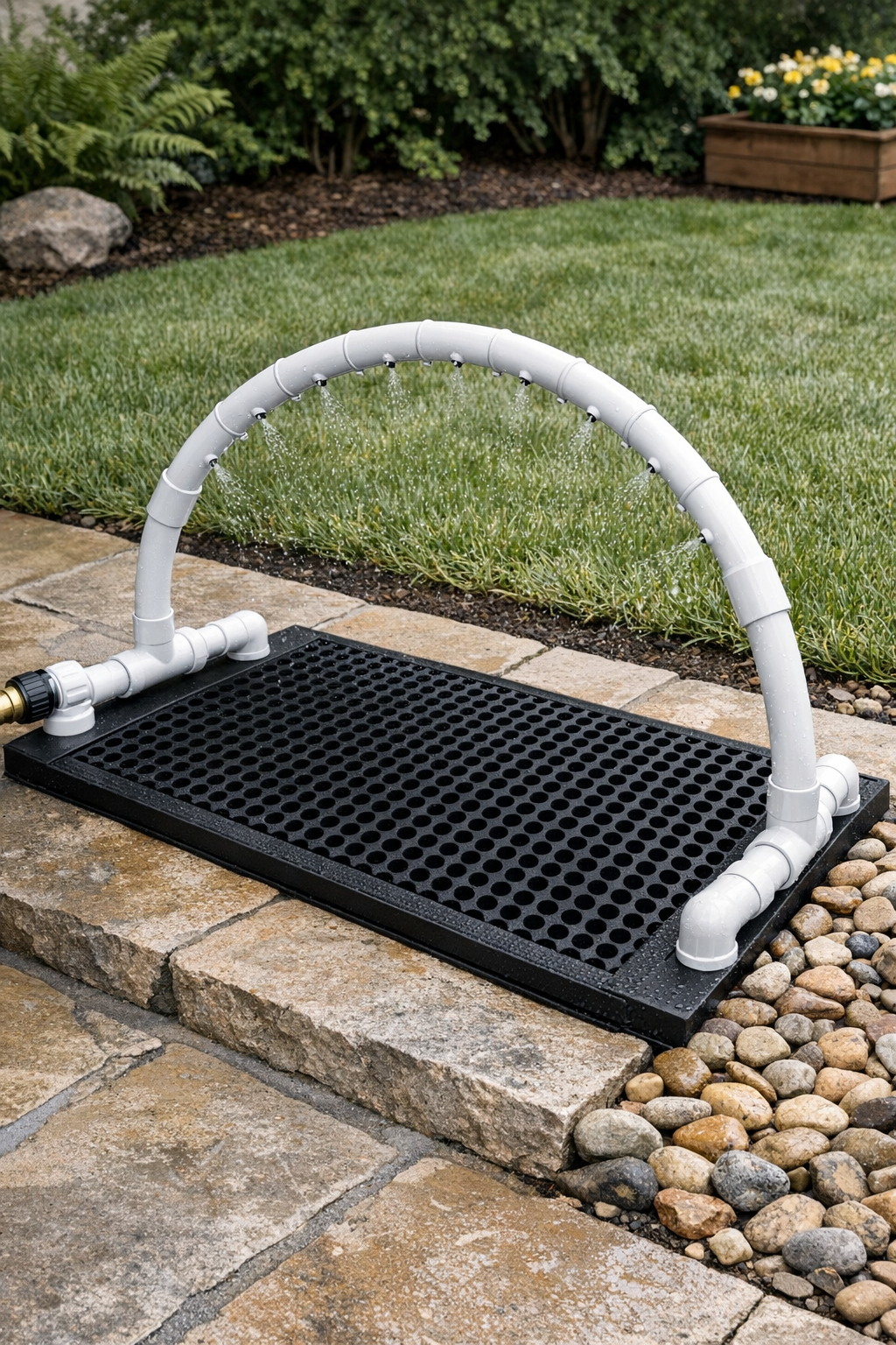 Finished DIY outdoor shoe rinse station over rubber mat