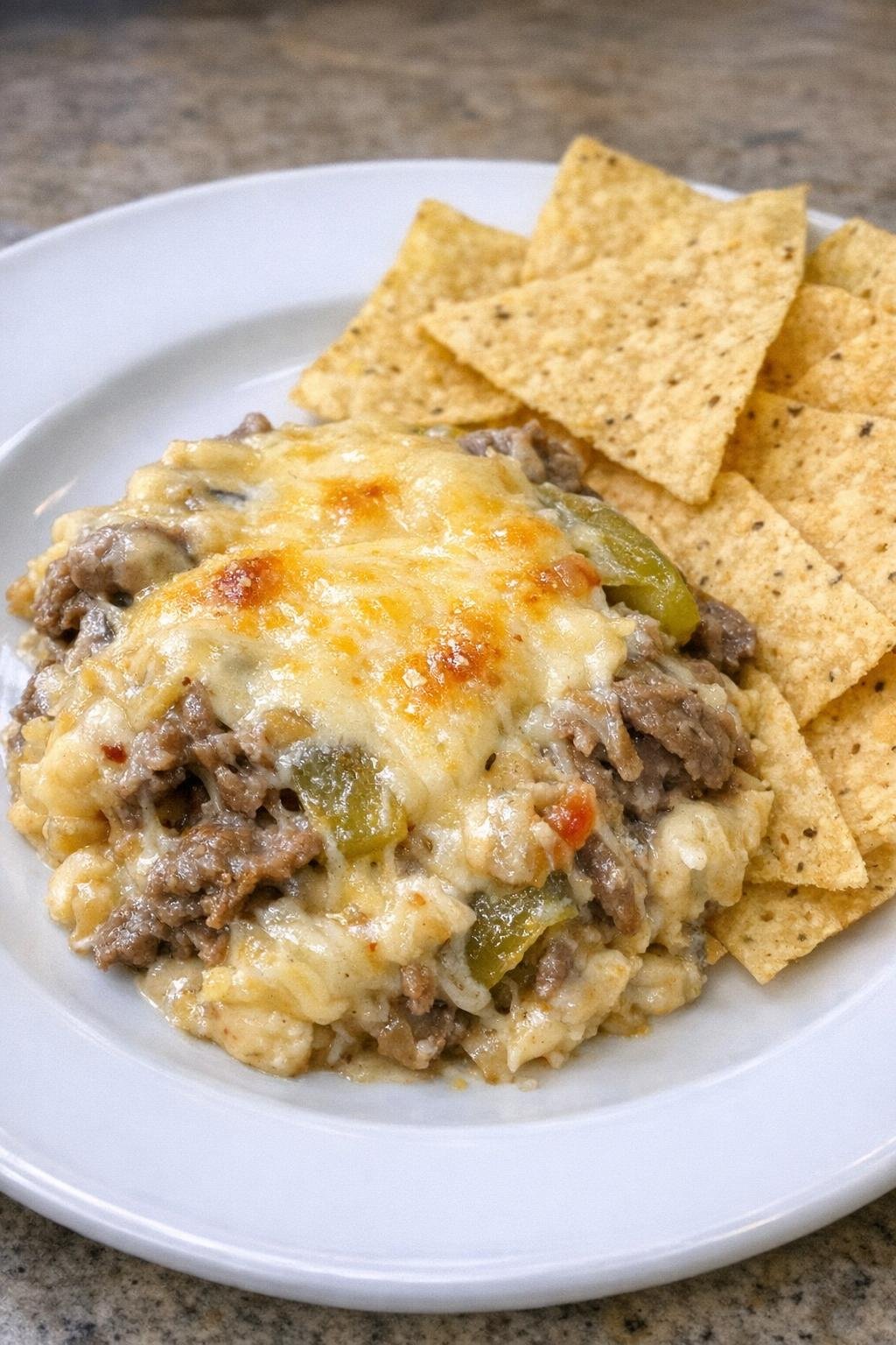 Single serving of slow cooker Philly cheesesteak dip with tortilla chips