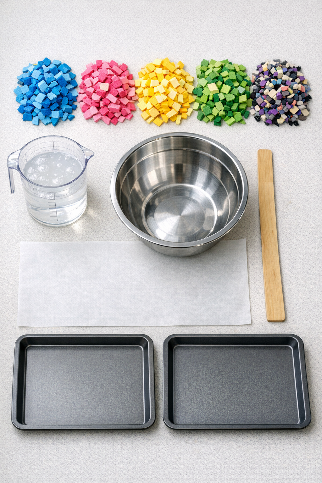 Chopped foam flip flops and liquid binder laid out with mixing and baking supplies