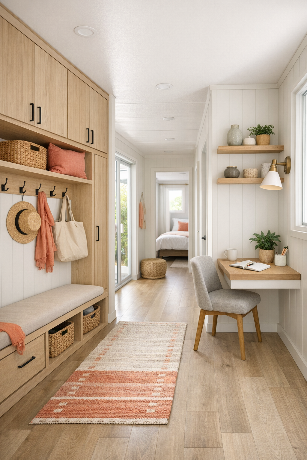 Bright transitional area with built-in storage, bench seating, and a compact work nook