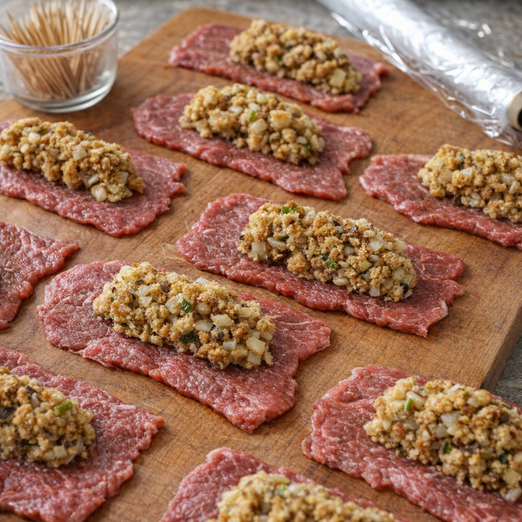 Thin beef slices topped with portions of stuffing