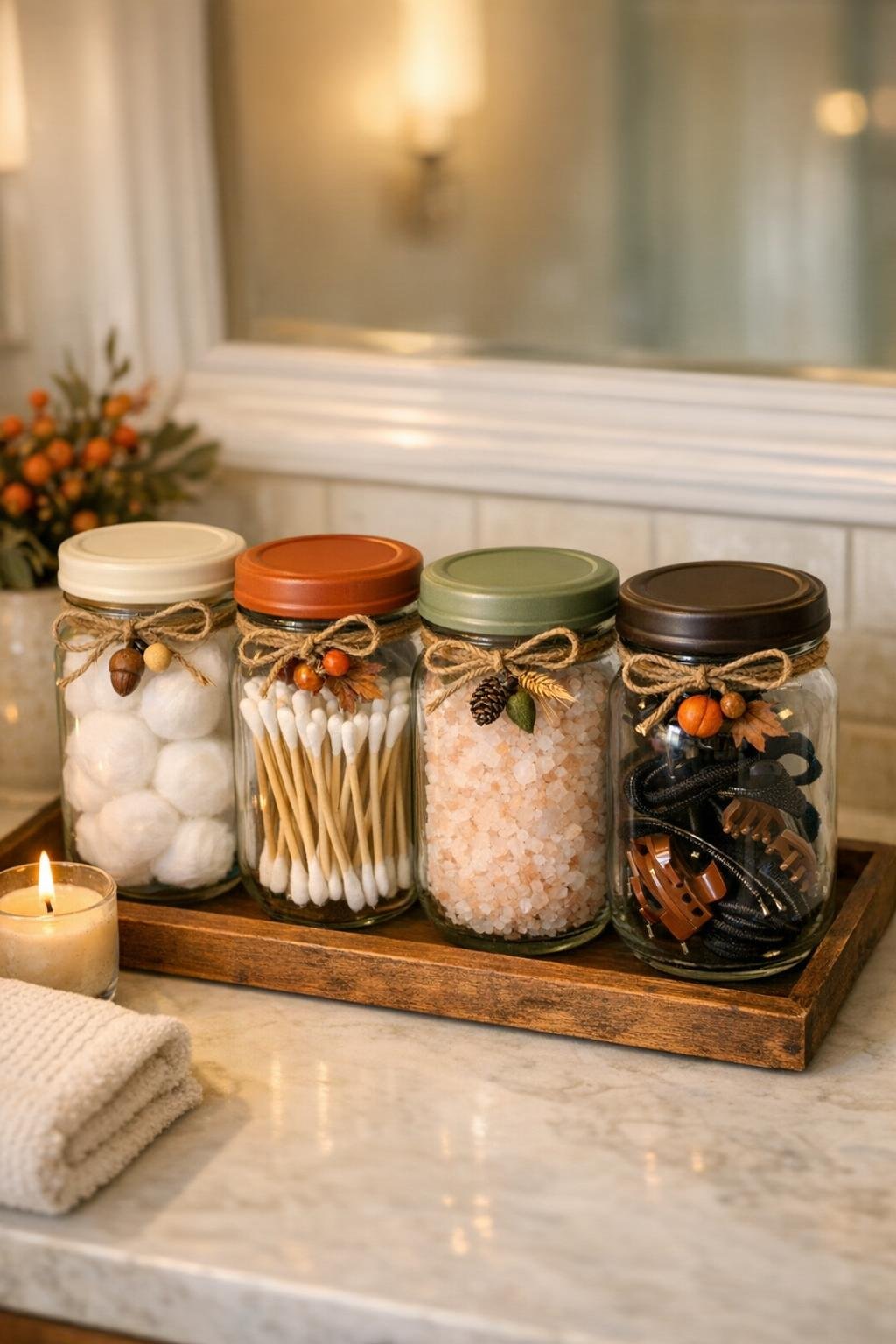 Finished fall bathroom storage set made from painted thrifted glass olive jars