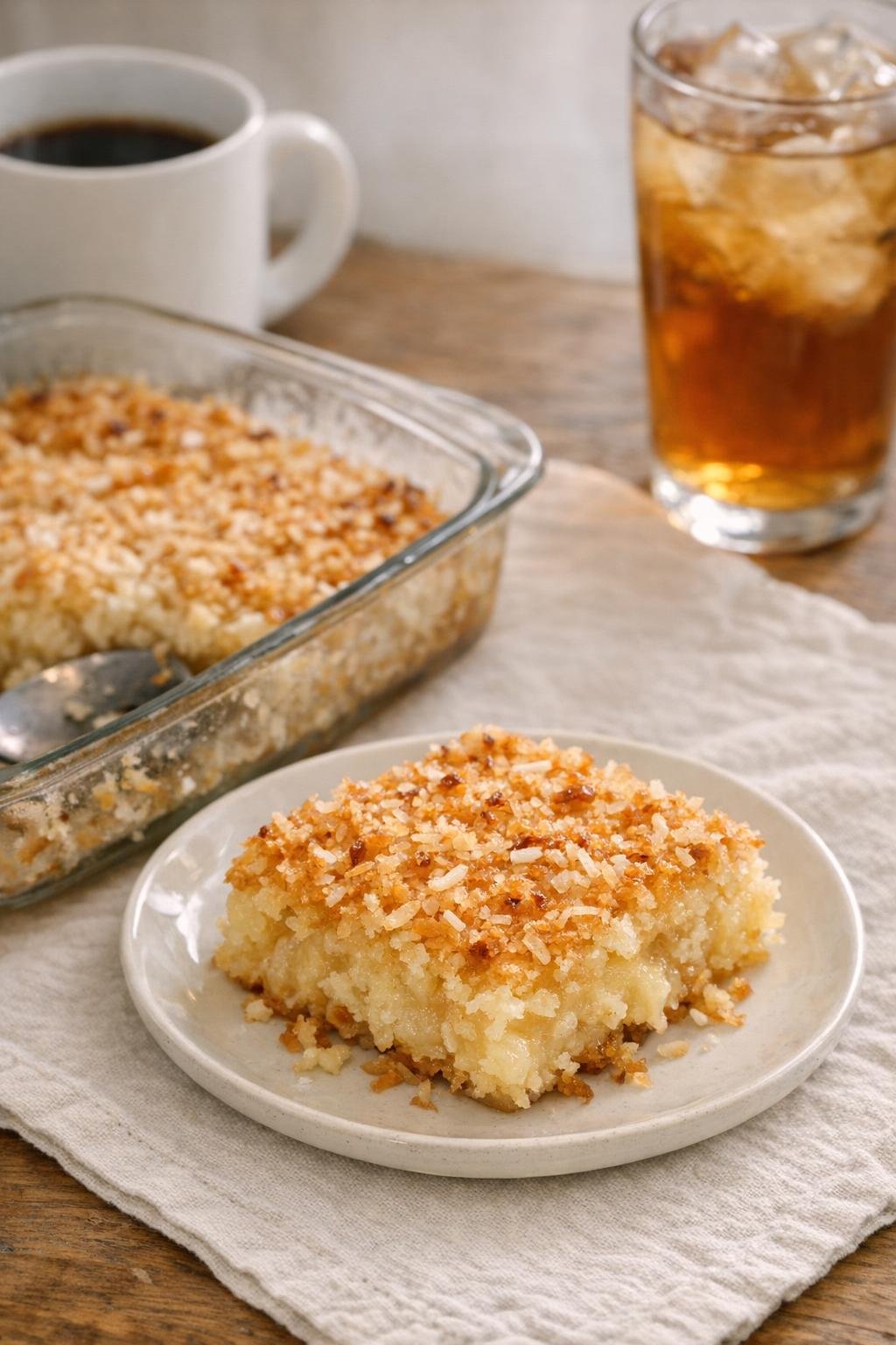 Plated coconut dessert with a neat square and serving spoon