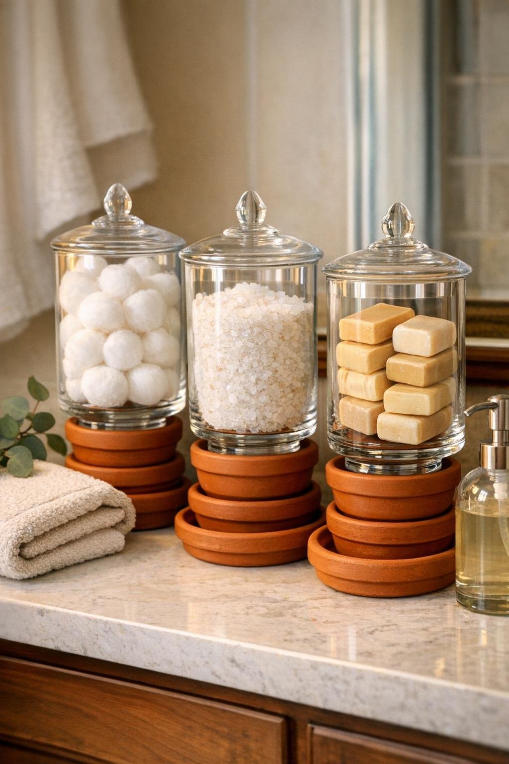 Finished DIY toiletry riser with apothecary jars on a bathroom vanity