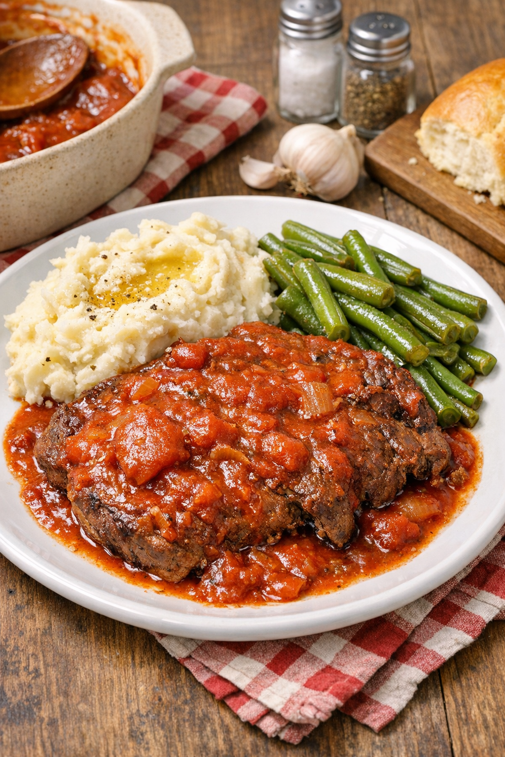 Finished Amish beef and tomato gravy casserole plated with mashed potatoes