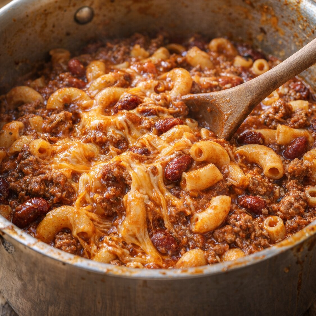 Chili mac mixture being stirred in a large pot