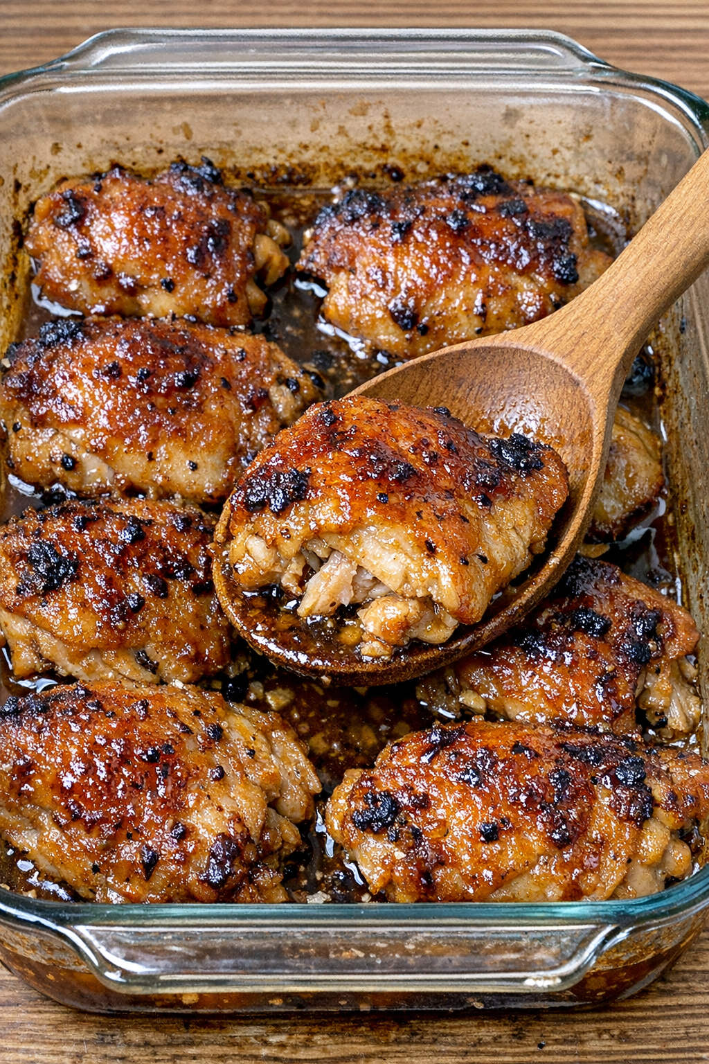 Caramelized chicken thighs in amber glaze in a baking dish