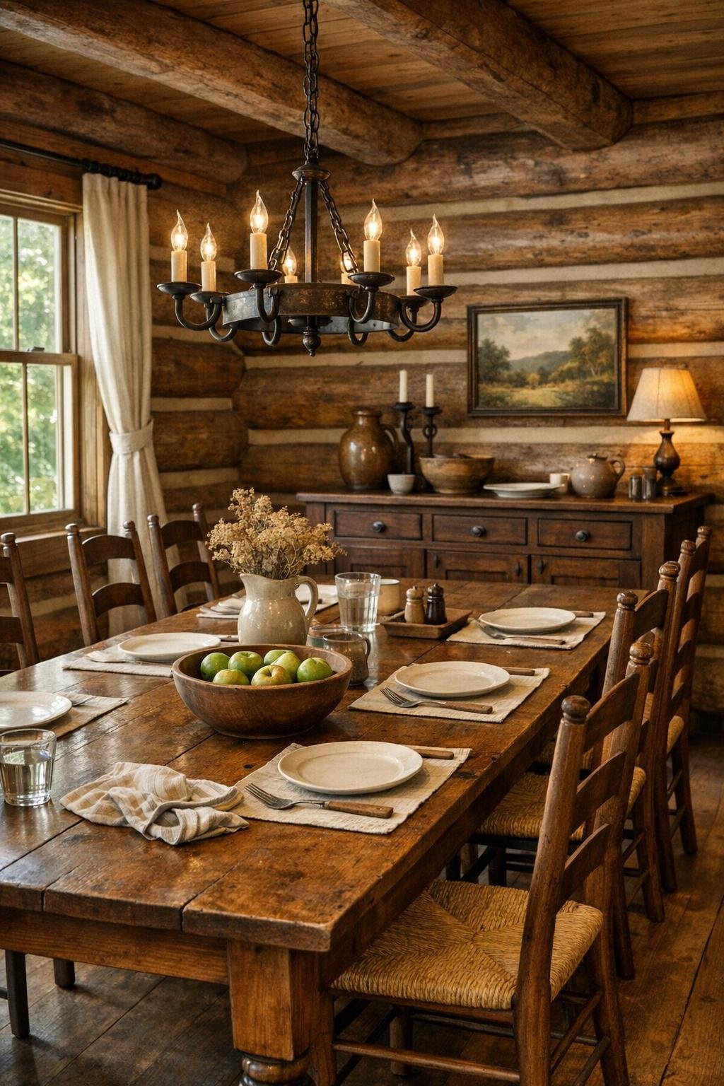 Dining room with a long wooden table, ladder-back chairs, and an iron chandelier