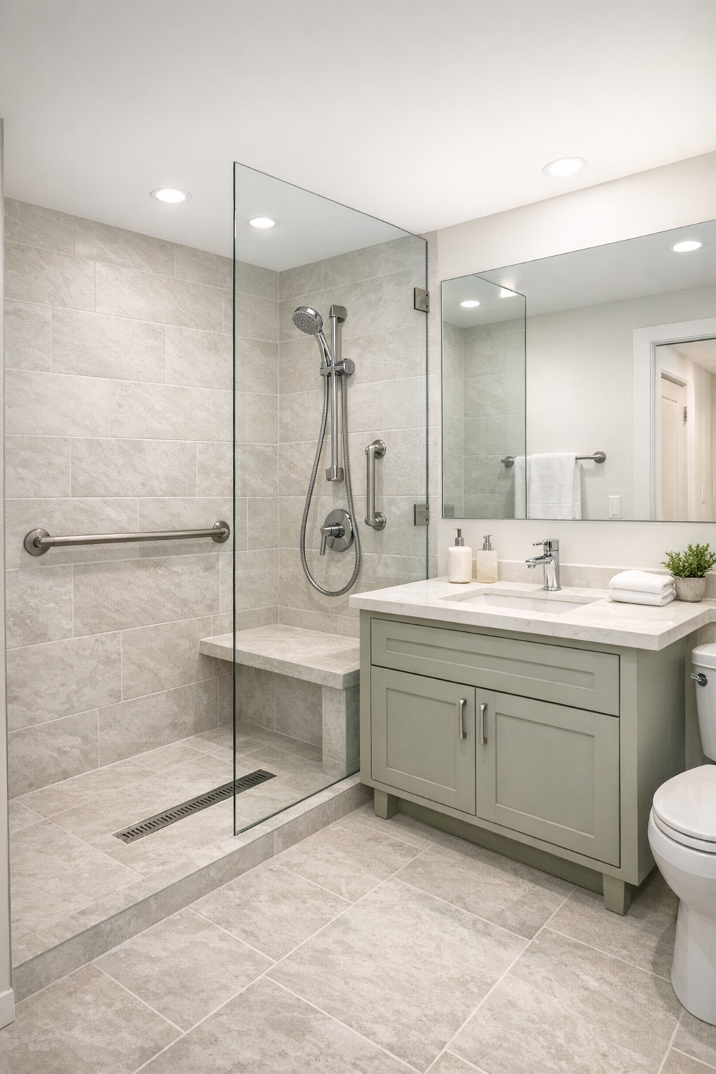 Accessible bathroom with curbless shower, pale tile, and soft willow vanity