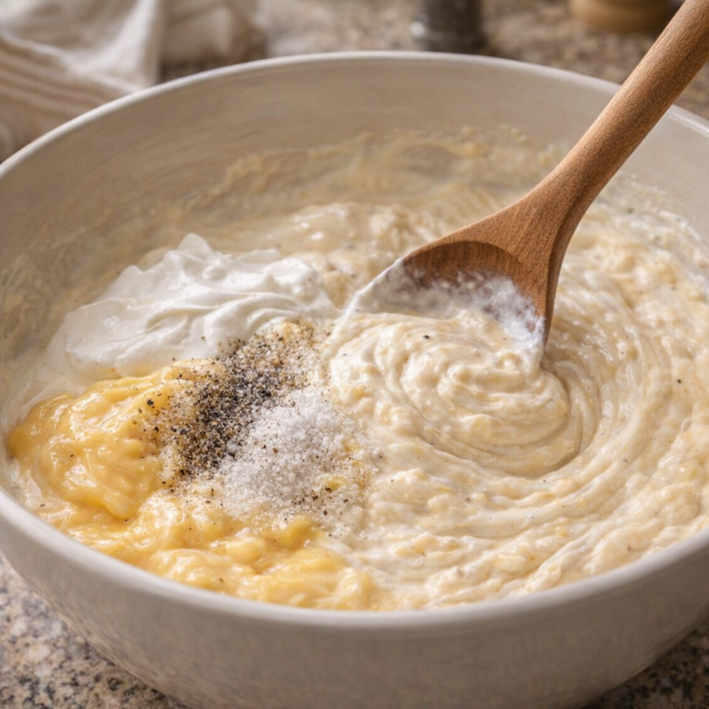 Creamy casserole base being mixed in a bowl