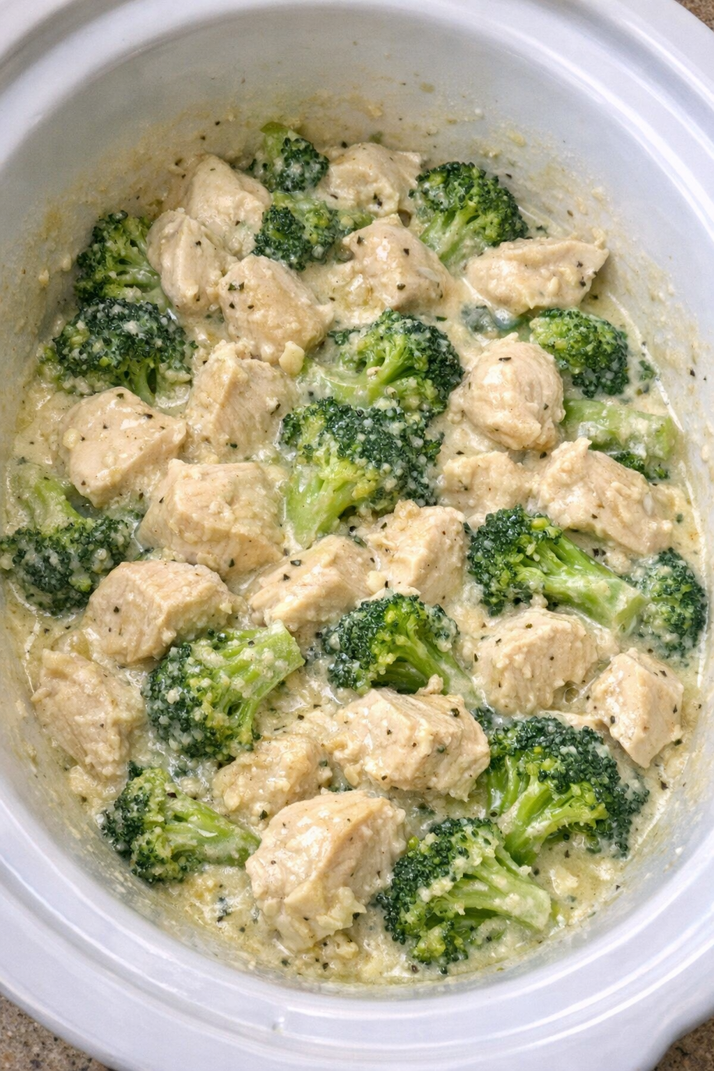 Slow cooker chicken and broccoli in a white slow cooker