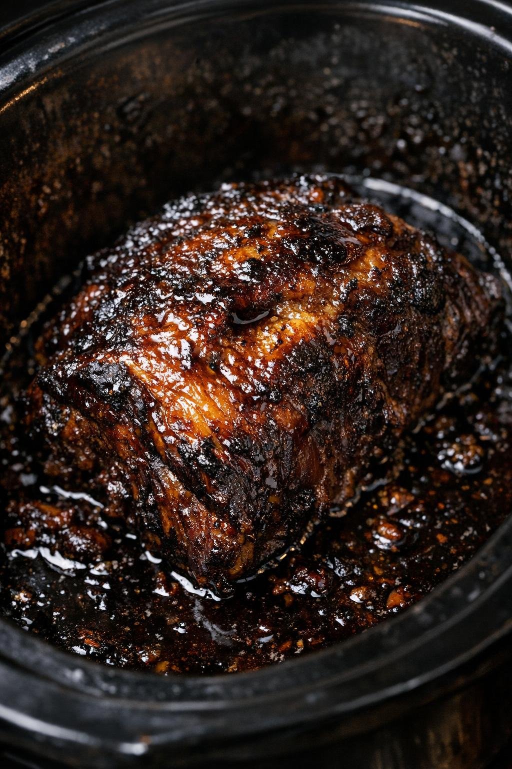 Slow-roasted caramelized beef in a slow cooker
