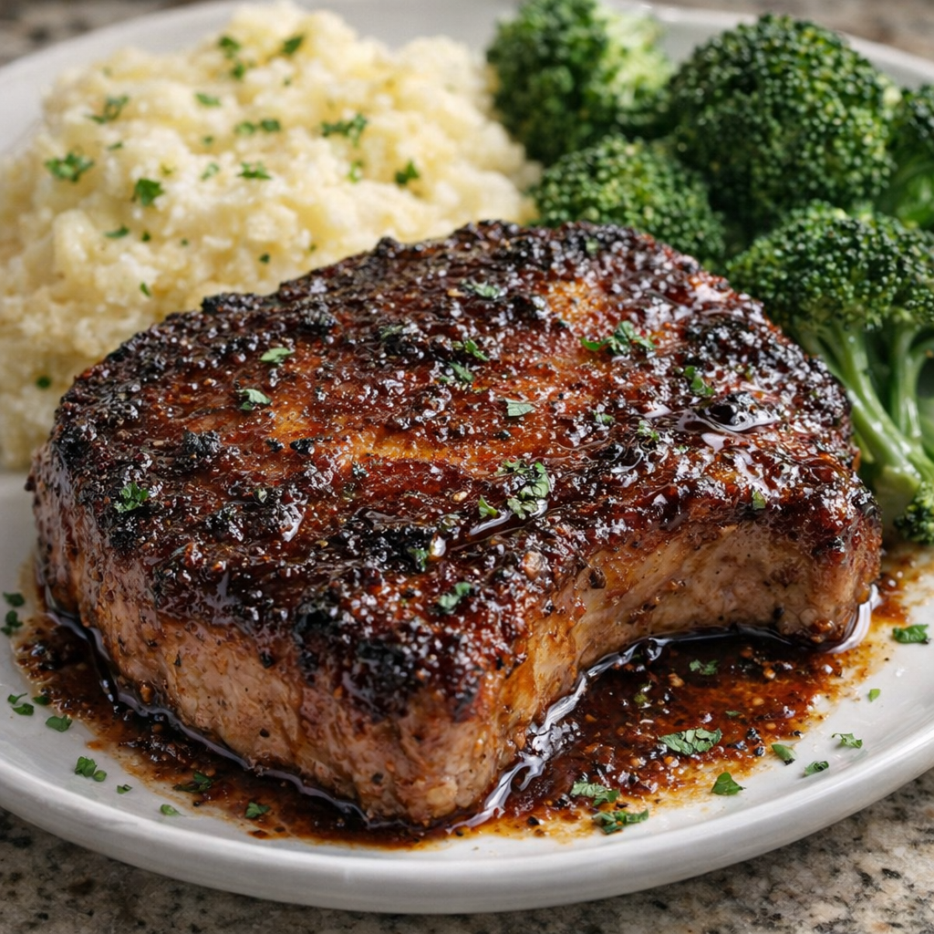 Pork chops being seasoned with dry rub