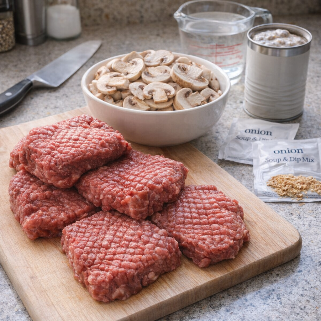 Raw cube steak and sliced mushrooms arranged for prep on a kitchen counter
