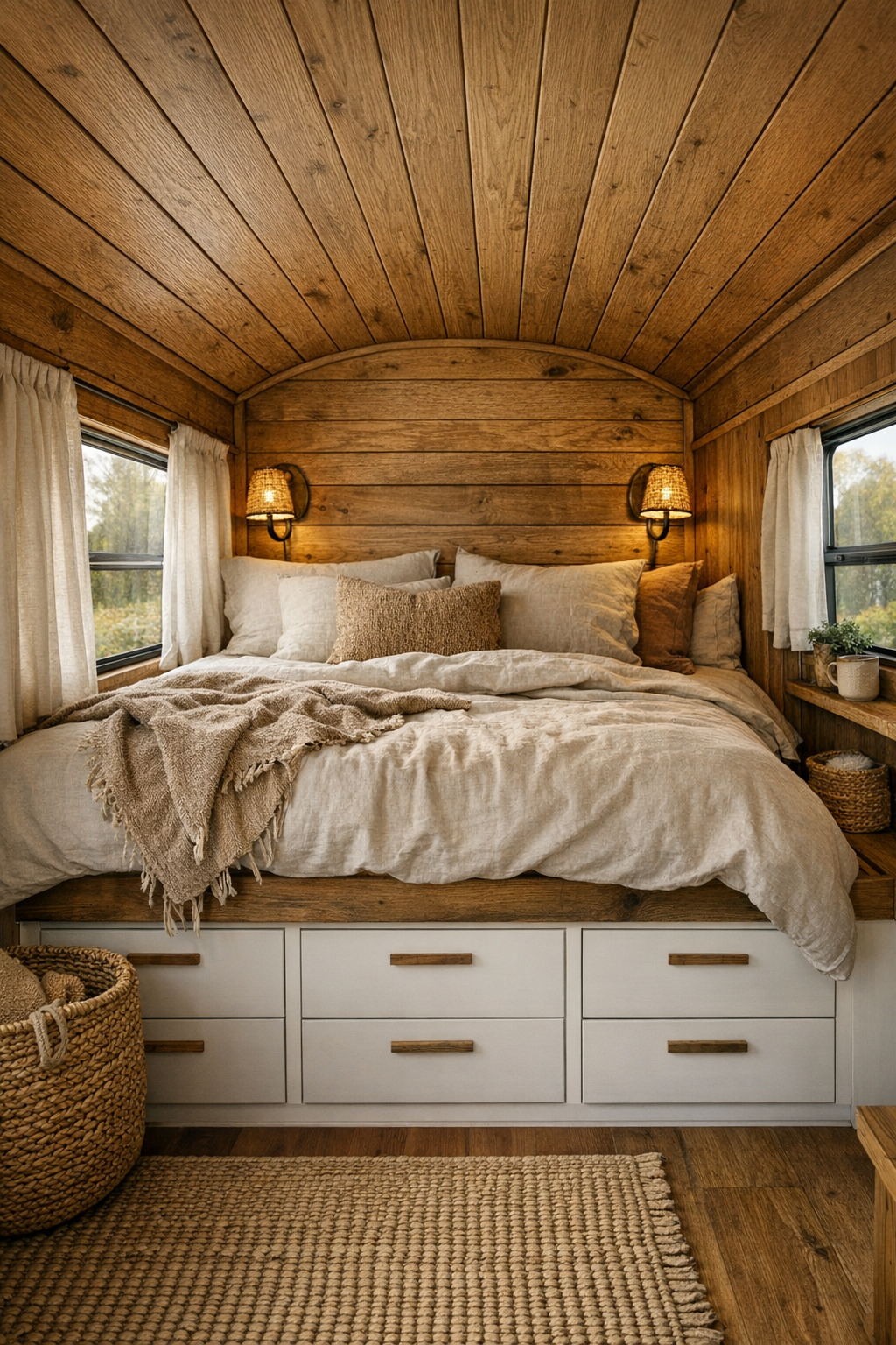 Warm bus bedroom with platform bed, linen bedding, and wood ceiling