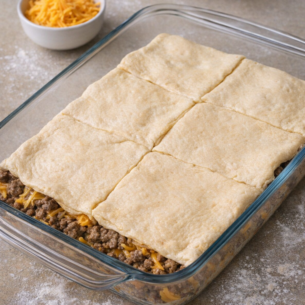 Unbaked beef crescent casserole ready for the oven