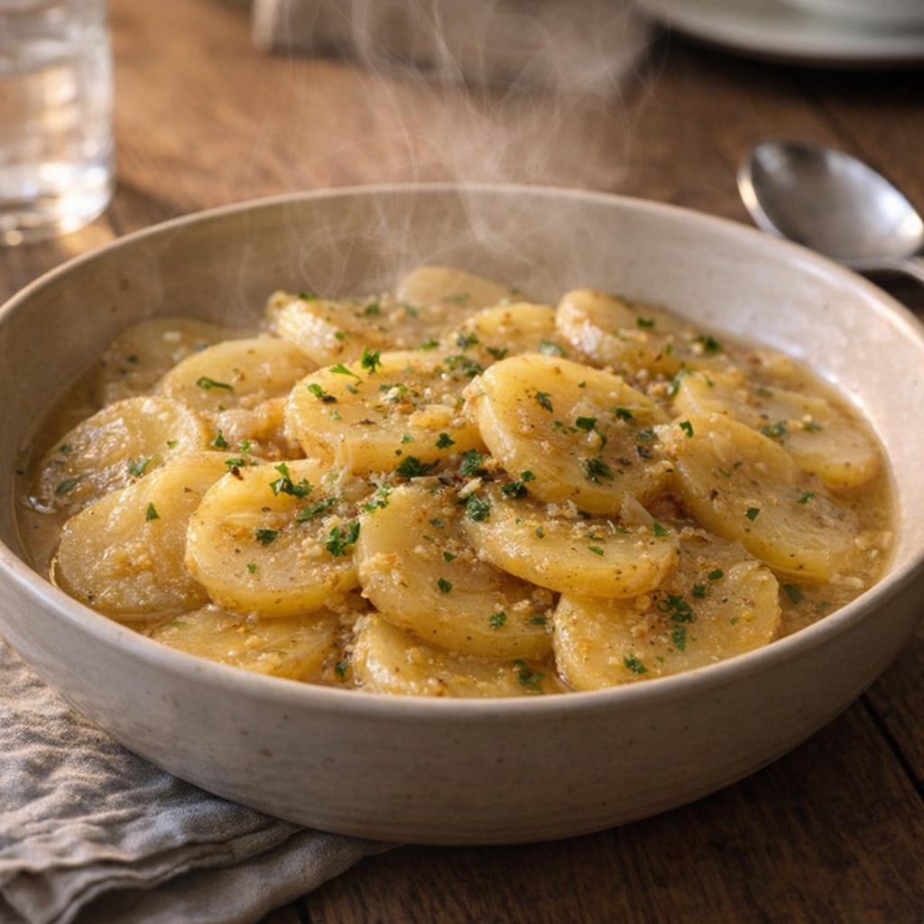 Bowl of onion potatoes with parsley ready for supper