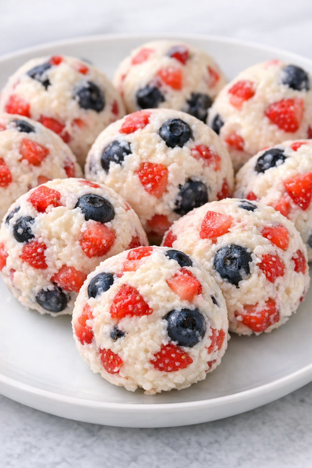 Low carb berry cheesecake bombs on a white plate