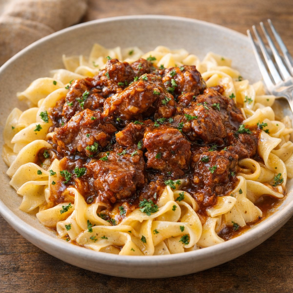 Braised beef served over buttered egg noodles