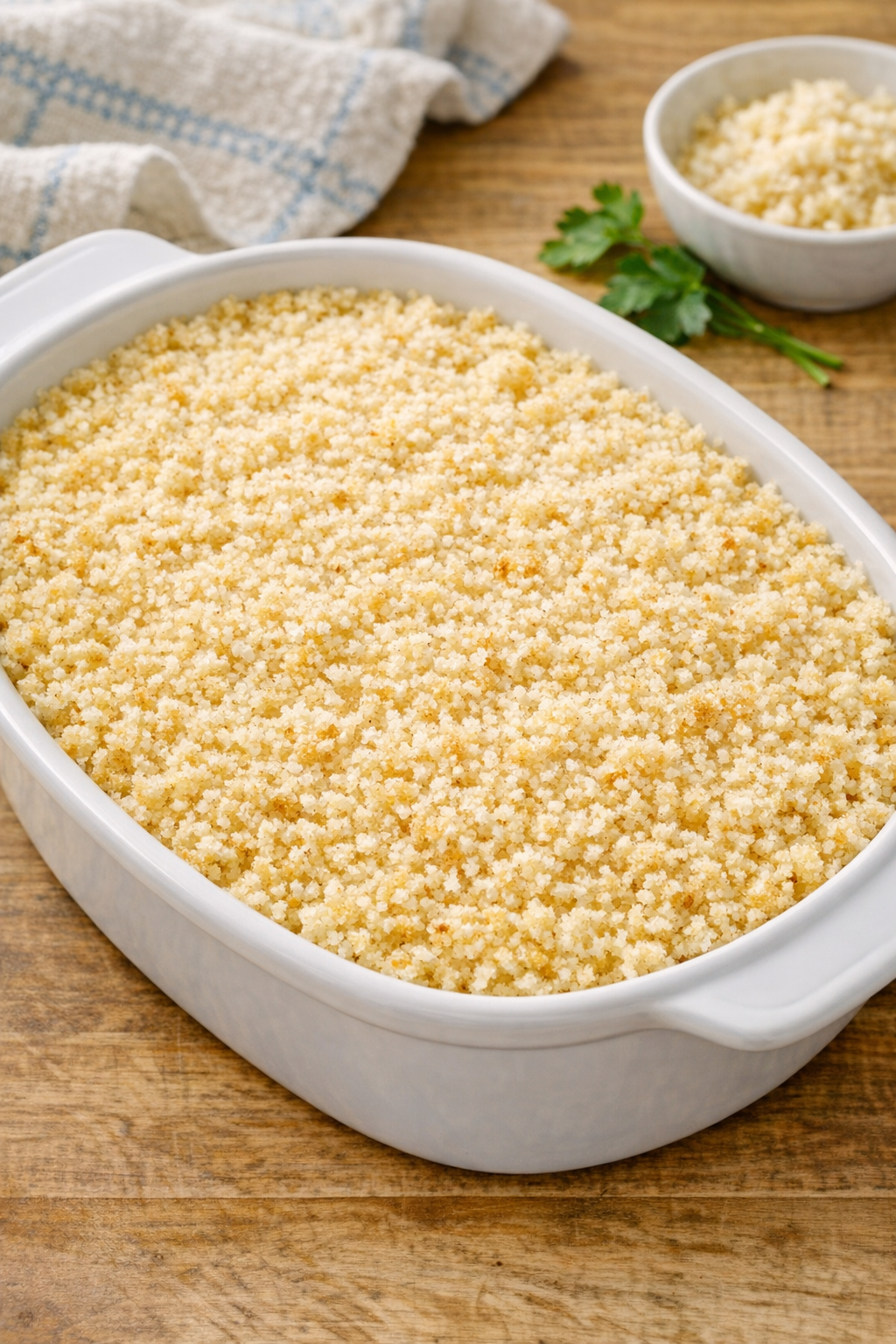 Buttery breadcrumbs covering the casserole before baking