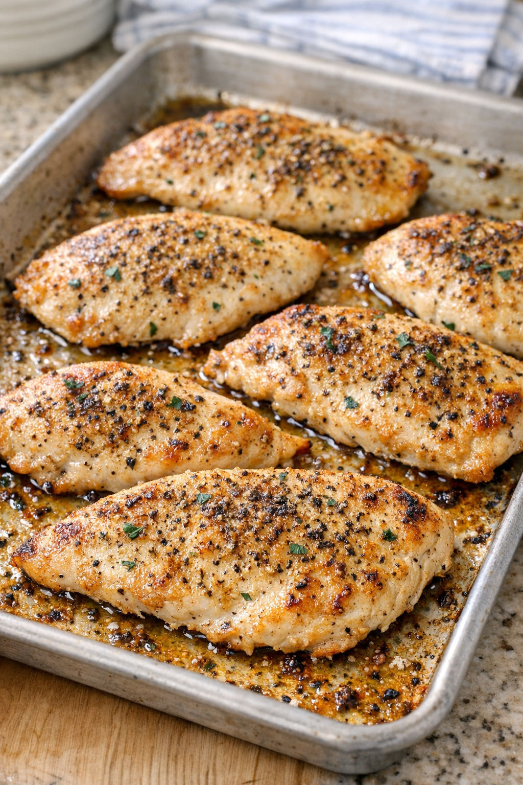 Baked chicken in the sheet pan just out of the oven