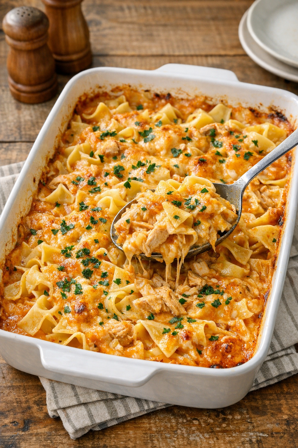 Finished baked cheesy chicken noodles in a casserole dish
