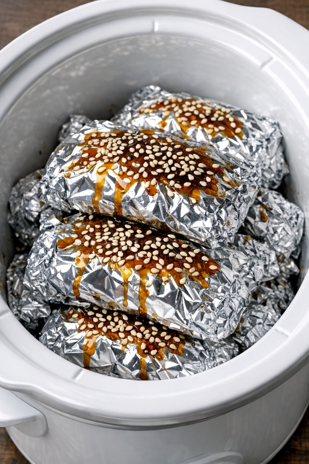 Slow cooker honey soy chicken foil packets in a white slow cooker
