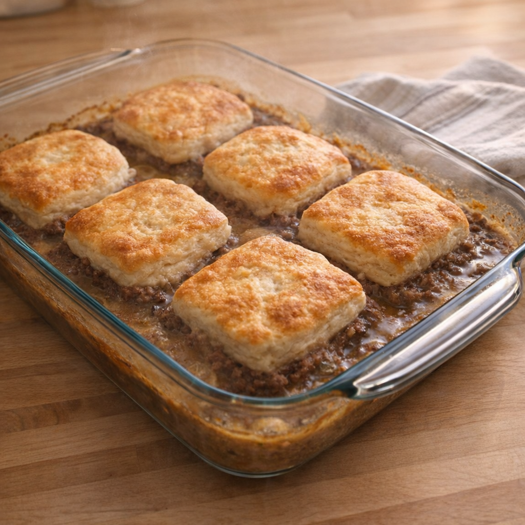 Freshly baked casserole cooling on the counter with golden biscuits on top
