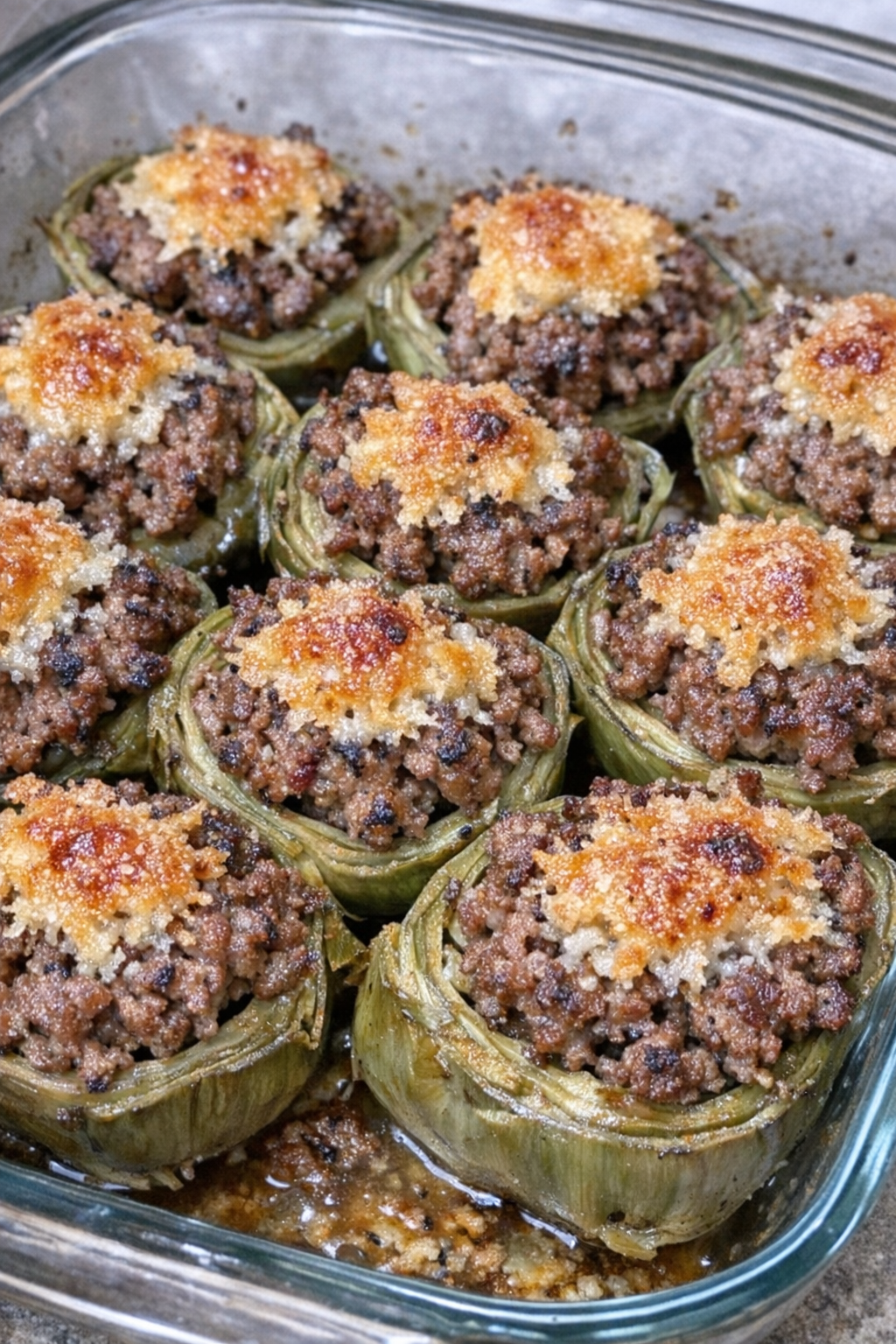 Oven baked beef stuffed artichokes fresh from the oven