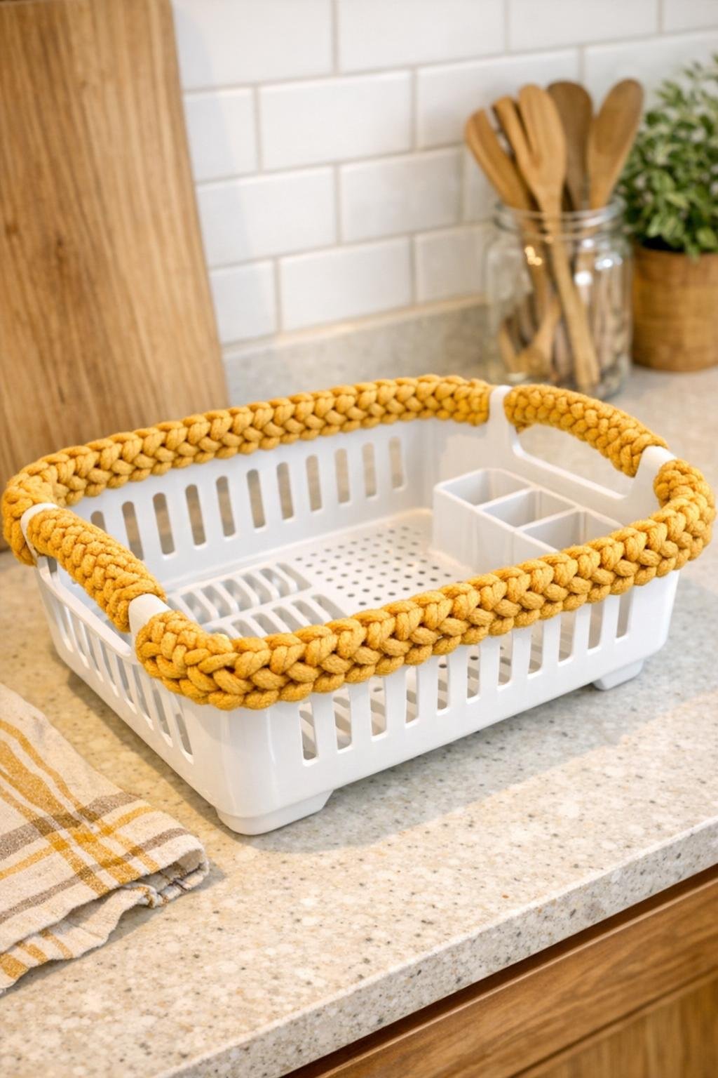 Finished dish drying tray basket with chunky harvest gold crochet trim